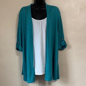 Elegant Teal Open-Front Blouse with White Layer